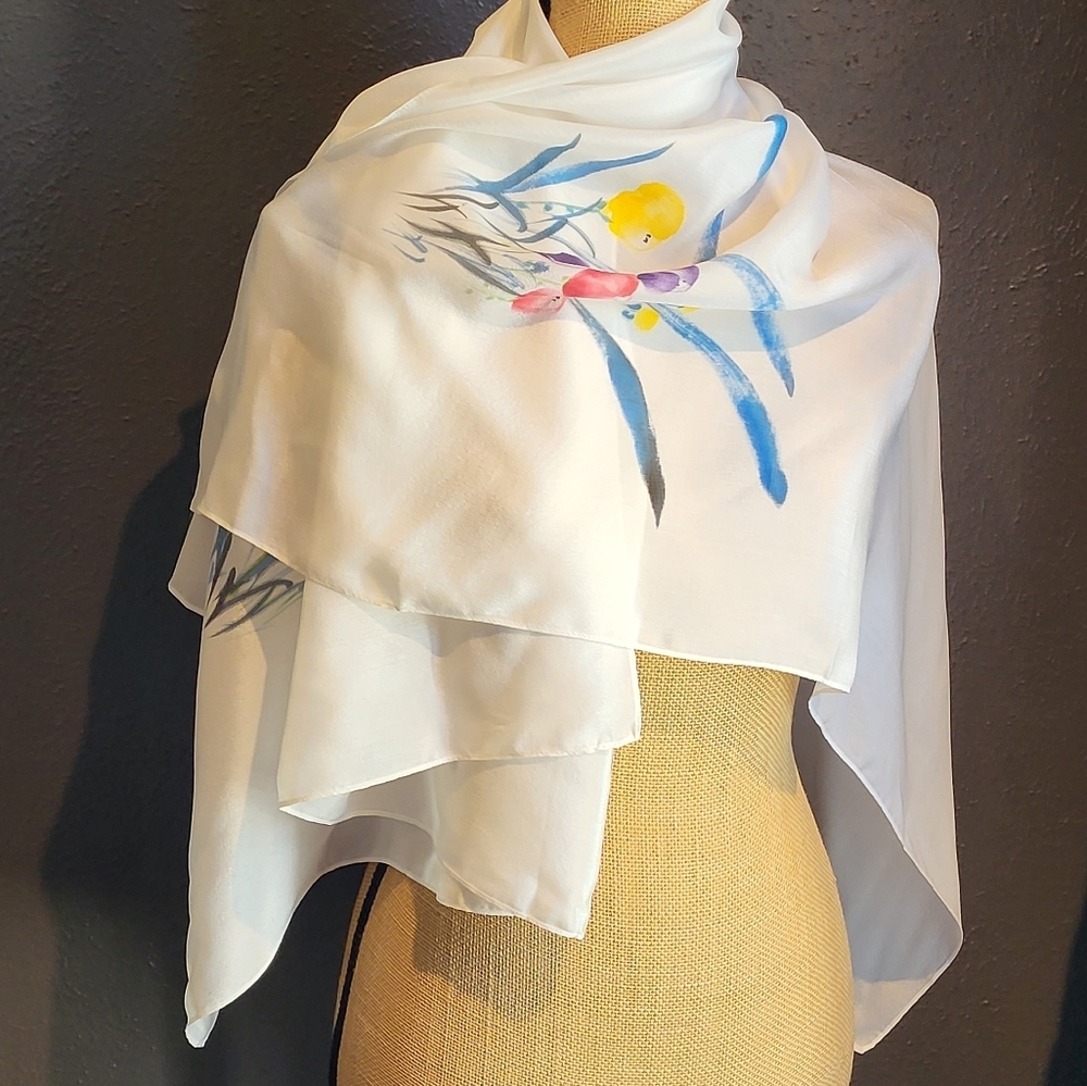 Unbranded White Silk Scarf/Wrap With A Watercolor Floral Design